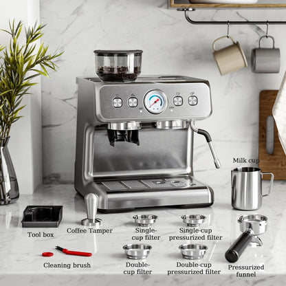 Espresso Machine, Semi-Automatic Coffee Maker with Bean Grinder and Milk Frother Steam Wand