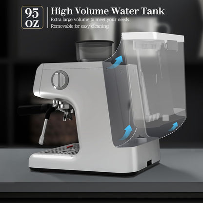 Espresso Machine, Semi-Automatic Coffee Maker with Bean Grinder and Milk Frother Steam Wand