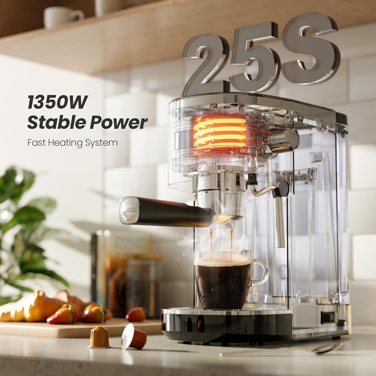 Espresso Machine, Semi-Automatic Coffee Maker with Bean Grinder and Milk Frother Steam Wand