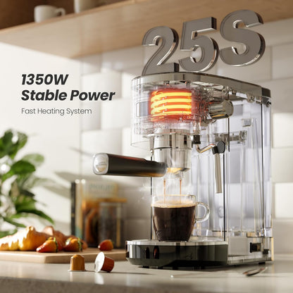 Espresso Machine, Semi-Automatic Coffee Maker with Bean Grinder and Milk Frother Steam Wand