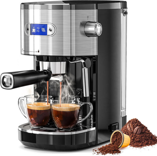 Espresso Machine, Semi-Automatic Coffee Maker with Bean Grinder and Milk Frother Steam Wand