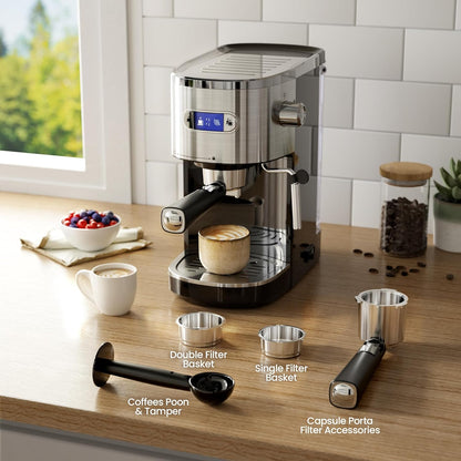 Espresso Machine, Semi-Automatic Coffee Maker with Bean Grinder and Milk Frother Steam Wand