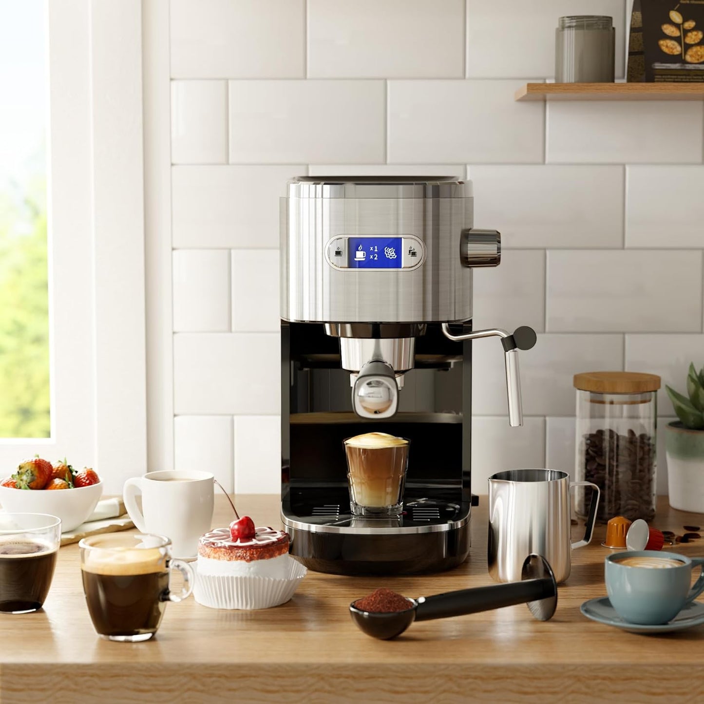 Espresso Machine, Semi-Automatic Coffee Maker with Bean Grinder and Milk Frother Steam Wand