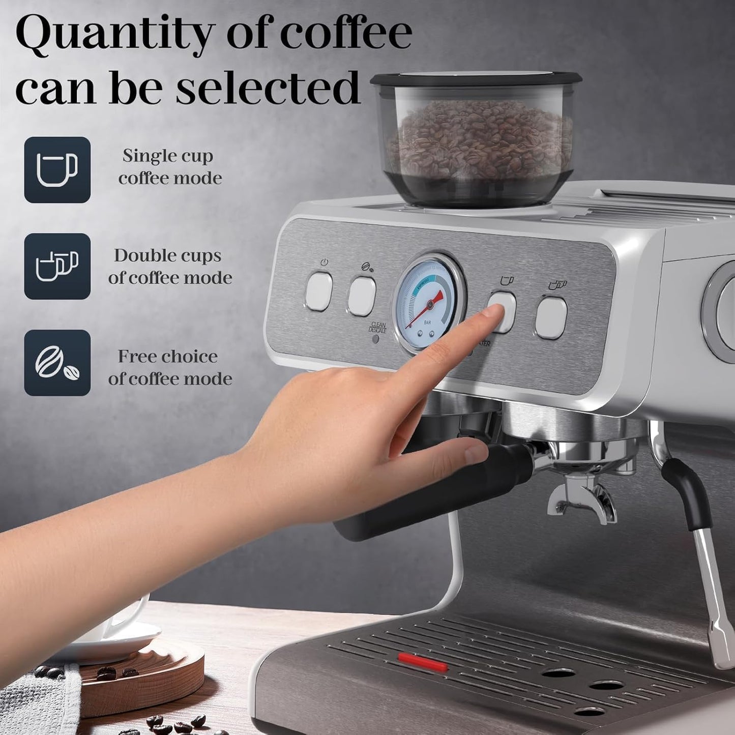 Espresso Machine, Semi-Automatic Coffee Maker with Bean Grinder and Milk Frother Steam Wand