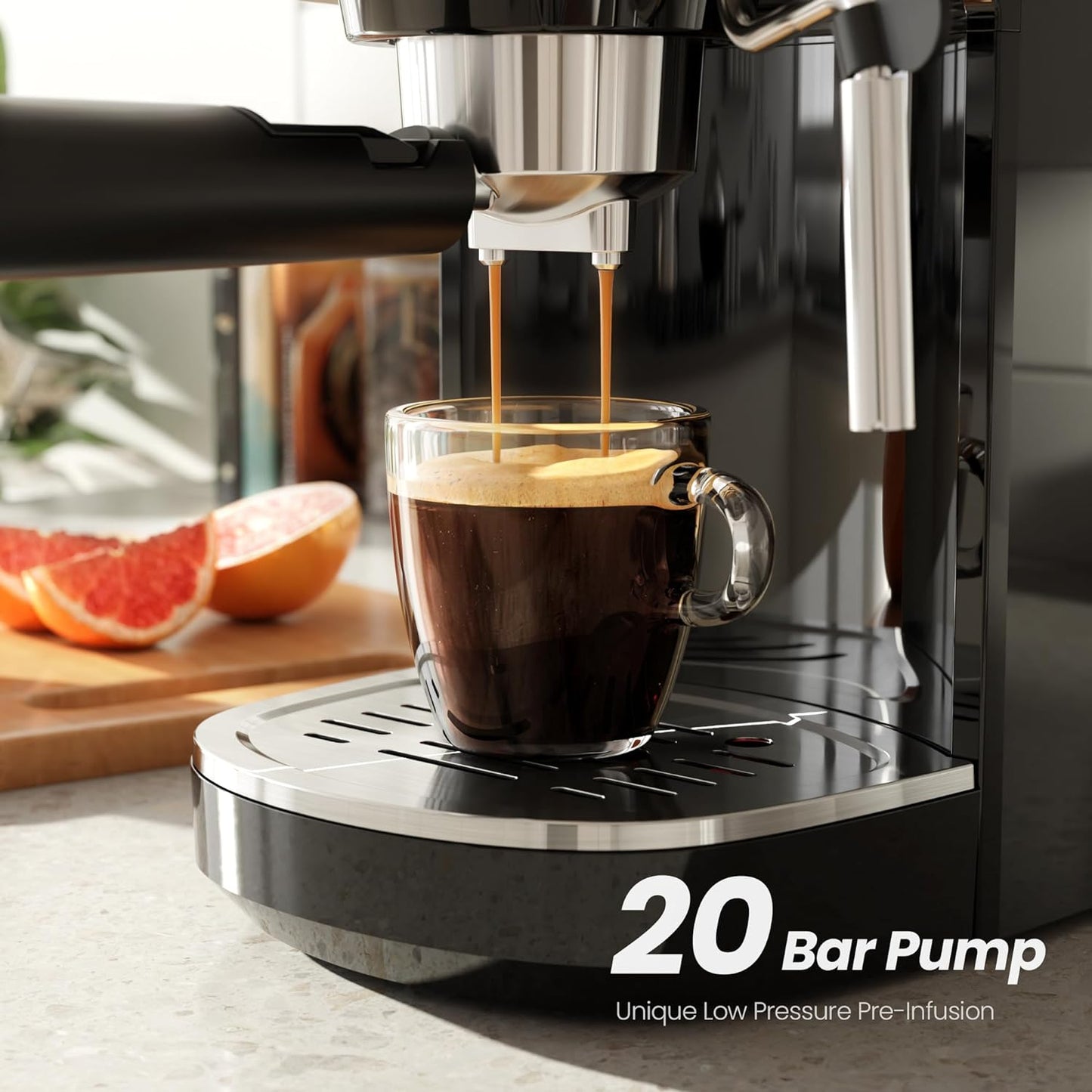 Espresso Machine, Semi-Automatic Coffee Maker with Bean Grinder and Milk Frother Steam Wand