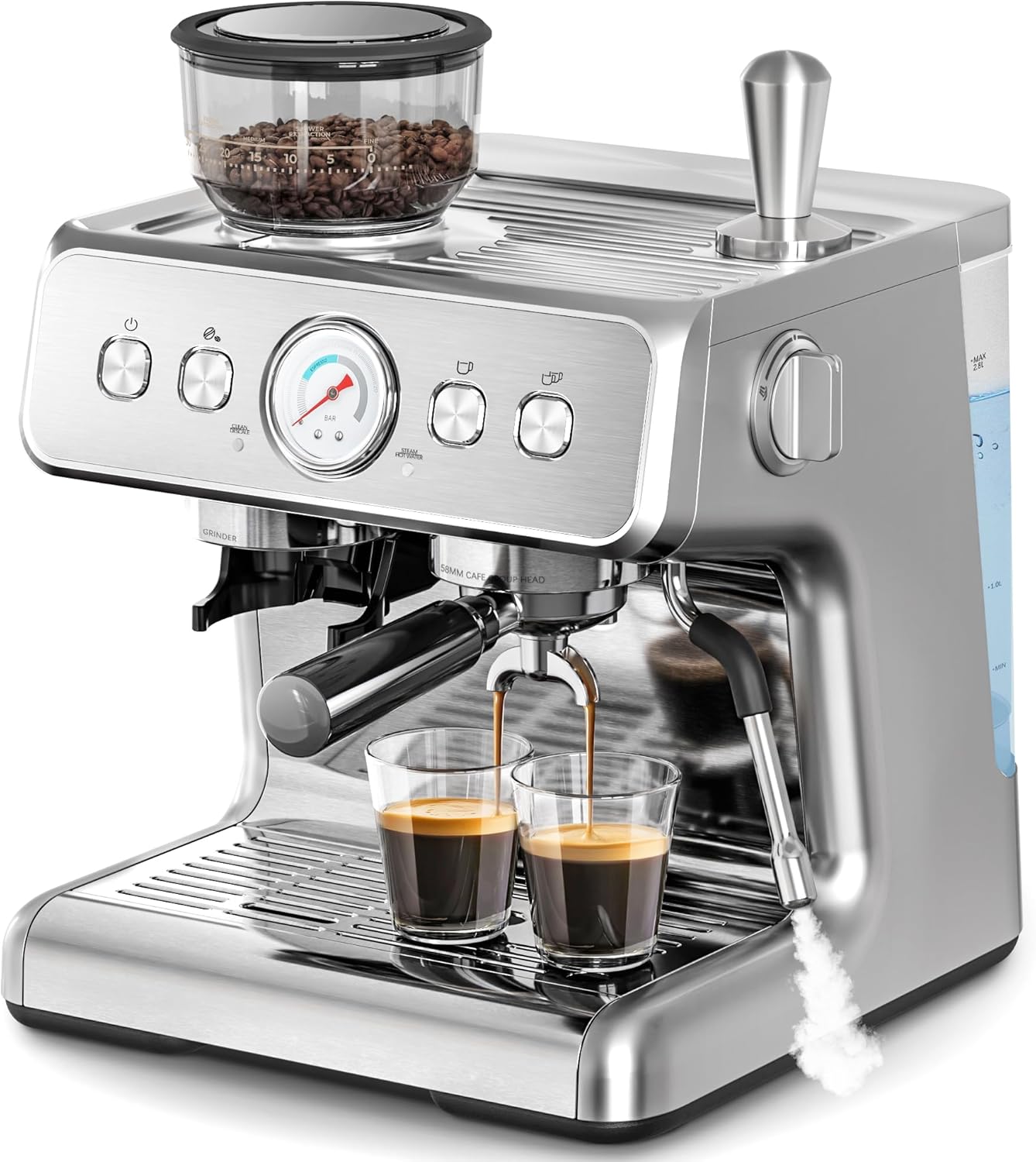 Espresso Machine, Semi-Automatic Coffee Maker with Bean Grinder and Milk Frother Steam Wand