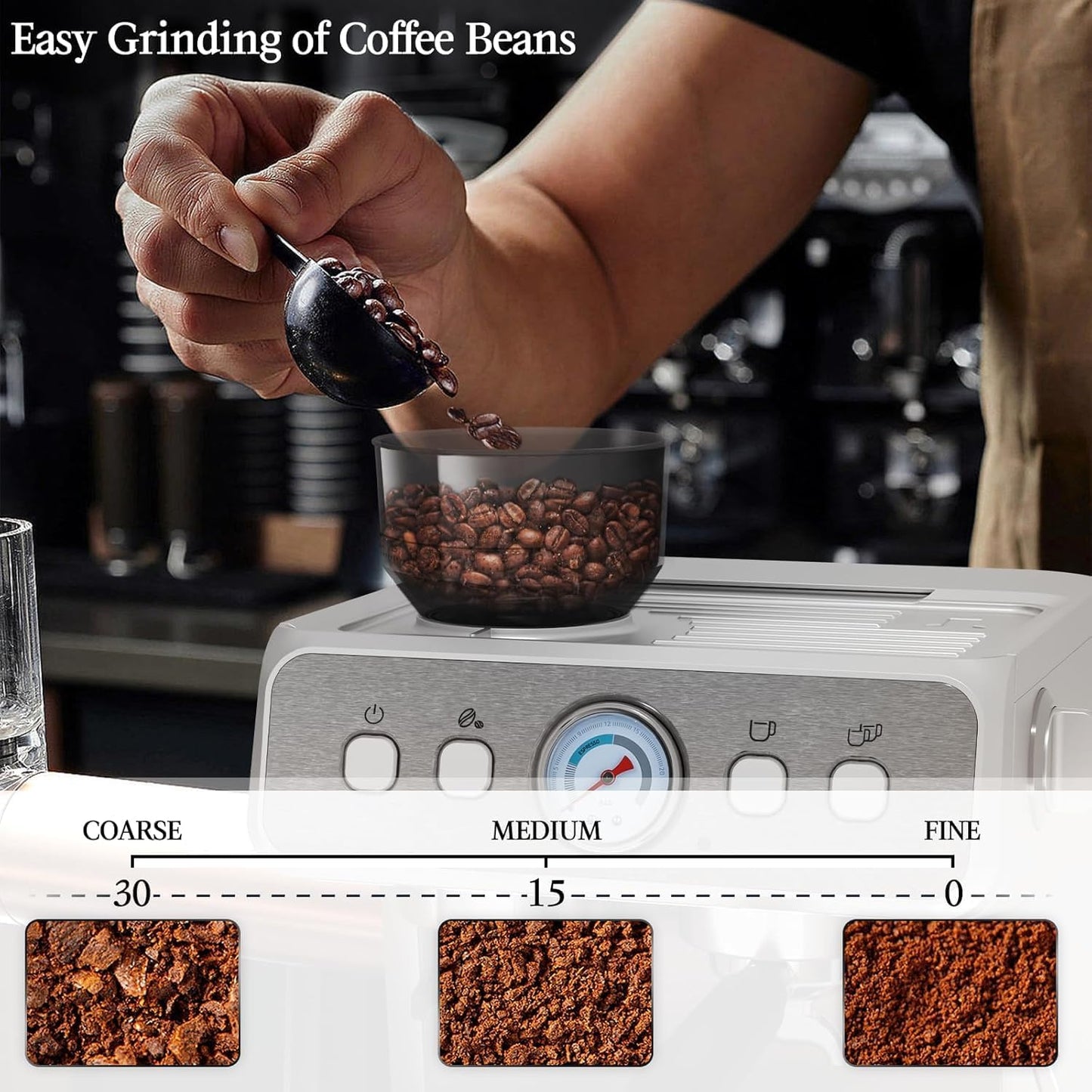 Espresso Machine, Semi-Automatic Coffee Maker with Bean Grinder and Milk Frother Steam Wand