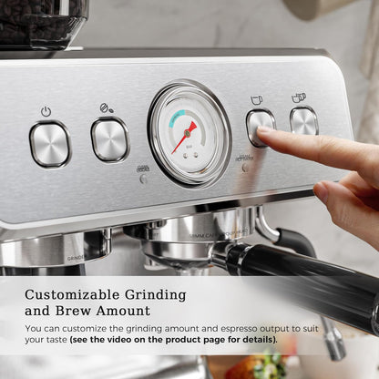 Espresso Machine, Semi-Automatic Coffee Maker with Bean Grinder and Milk Frother Steam Wand