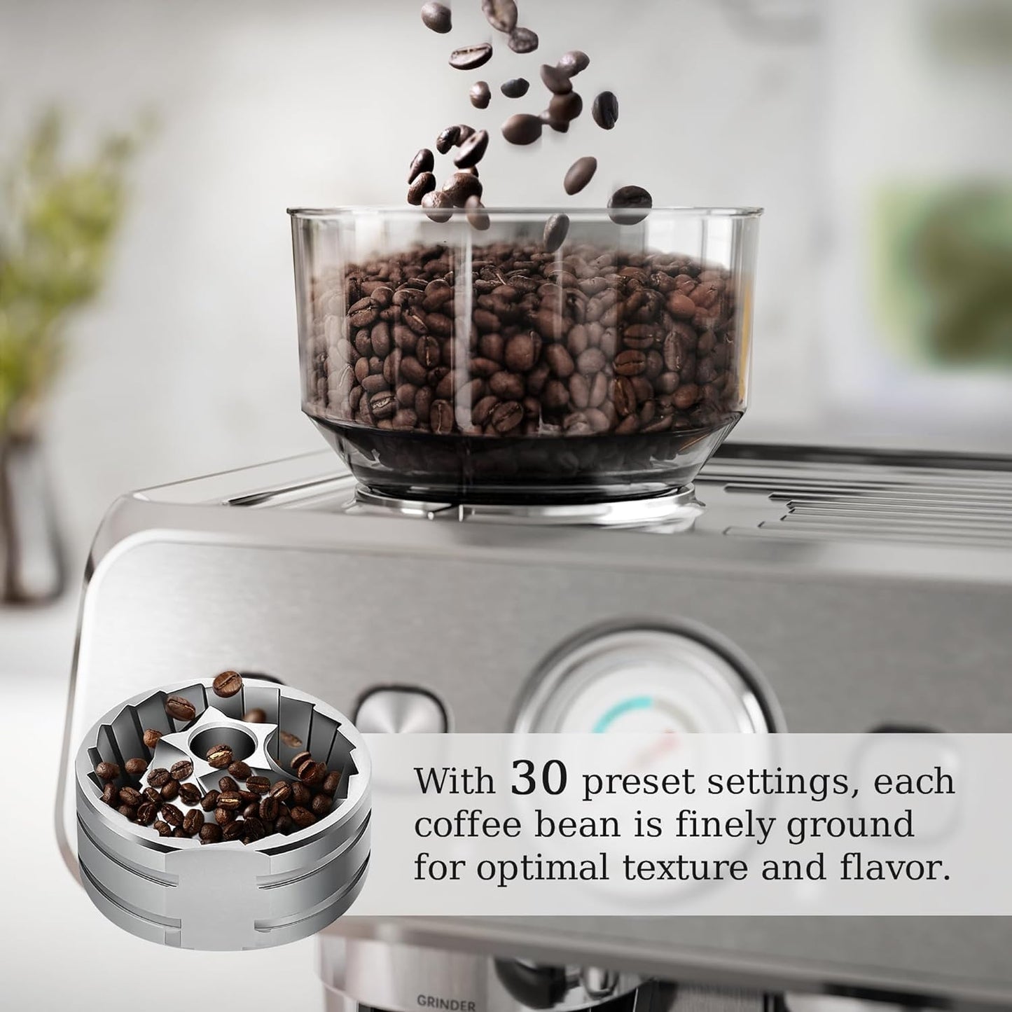 Espresso Machine, Semi-Automatic Coffee Maker with Bean Grinder and Milk Frother Steam Wand