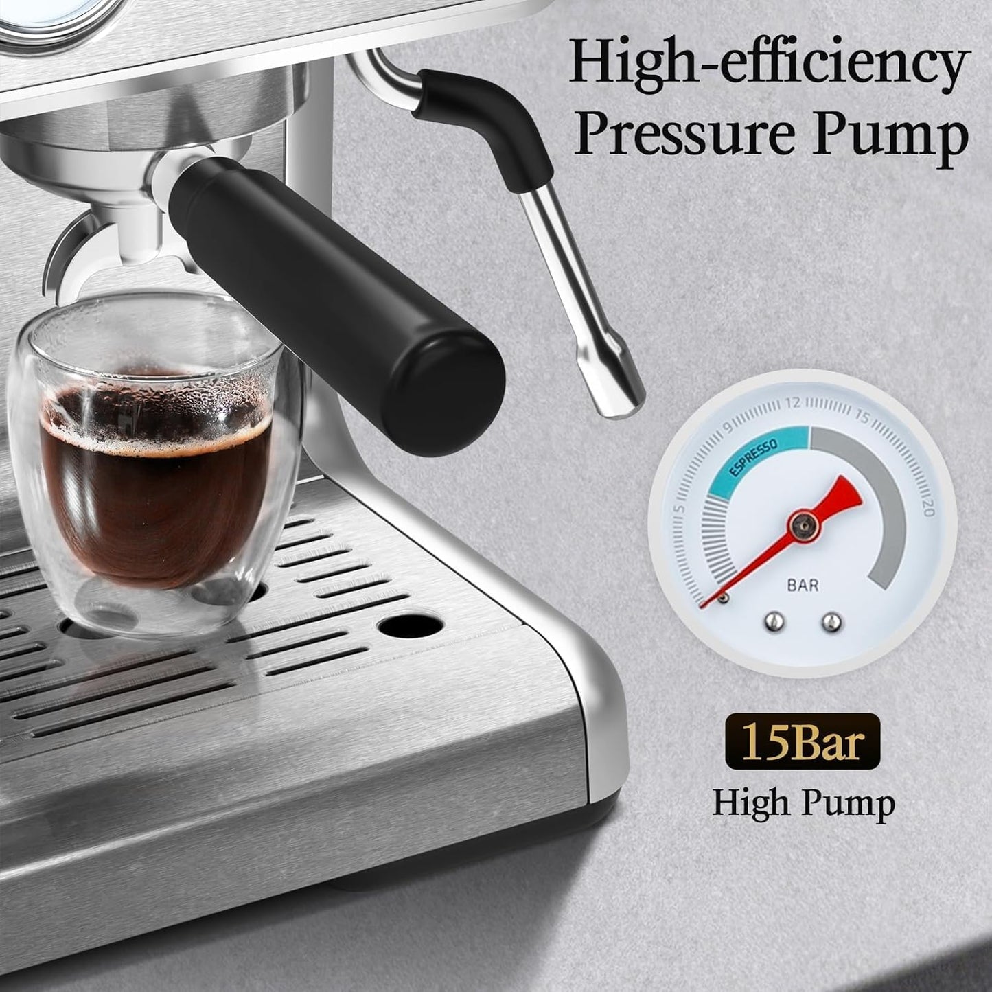 Espresso Machine, Semi-Automatic Coffee Maker with Bean Grinder and Milk Frother Steam Wand