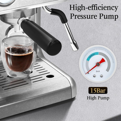Espresso Machine, Semi-Automatic Coffee Maker with Bean Grinder and Milk Frother Steam Wand