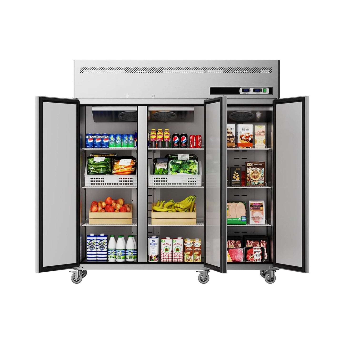 Extra-Large 72-Inch 54 Cu.Ft Commercial 3-Door Upright Reach-In Freezer Refrigerator Combo with Wheels
