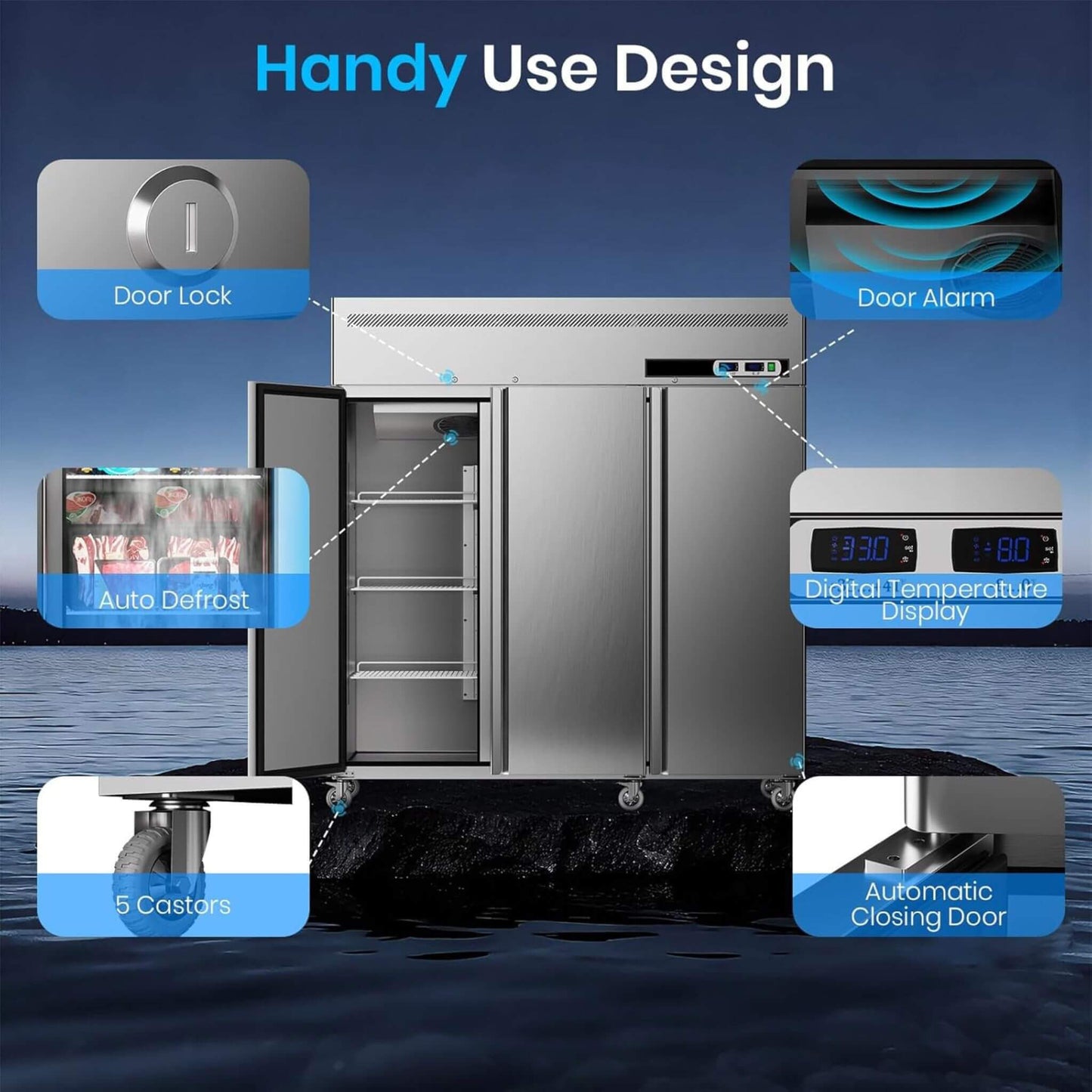 Extra-Large 72-Inch 54 Cu.Ft Commercial 3-Door Upright Reach-In Freezer Refrigerator Combo with Wheels