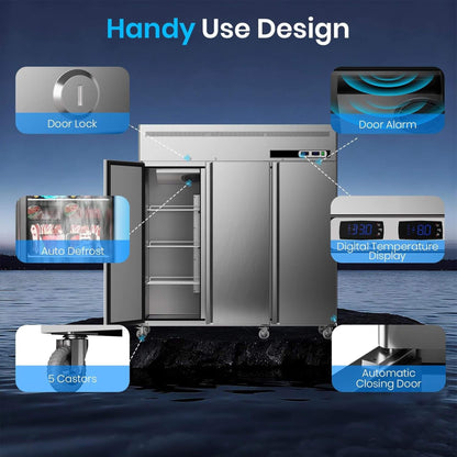 Extra-Large 72-Inch 54 Cu.Ft Commercial 3-Door Upright Reach-In Freezer Refrigerator Combo with Wheels
