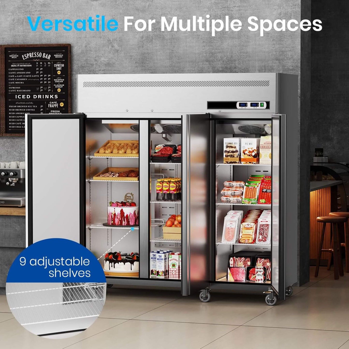 Extra-Large 72-Inch 54 Cu.Ft Commercial 3-Door Upright Reach-In Freezer Refrigerator Combo with Wheels