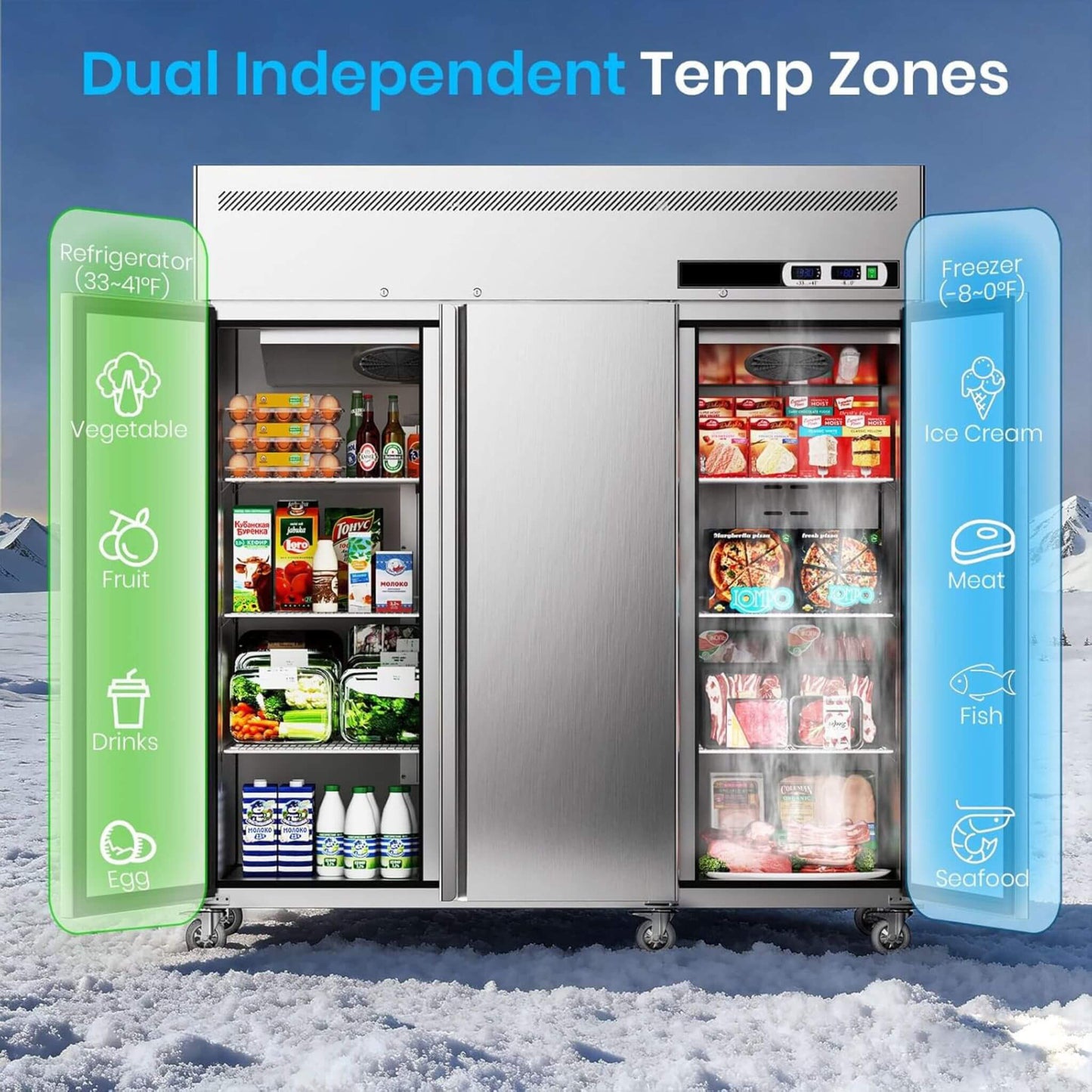 Extra-Large 72-Inch 54 Cu.Ft Commercial 3-Door Upright Reach-In Freezer Refrigerator Combo with Wheels