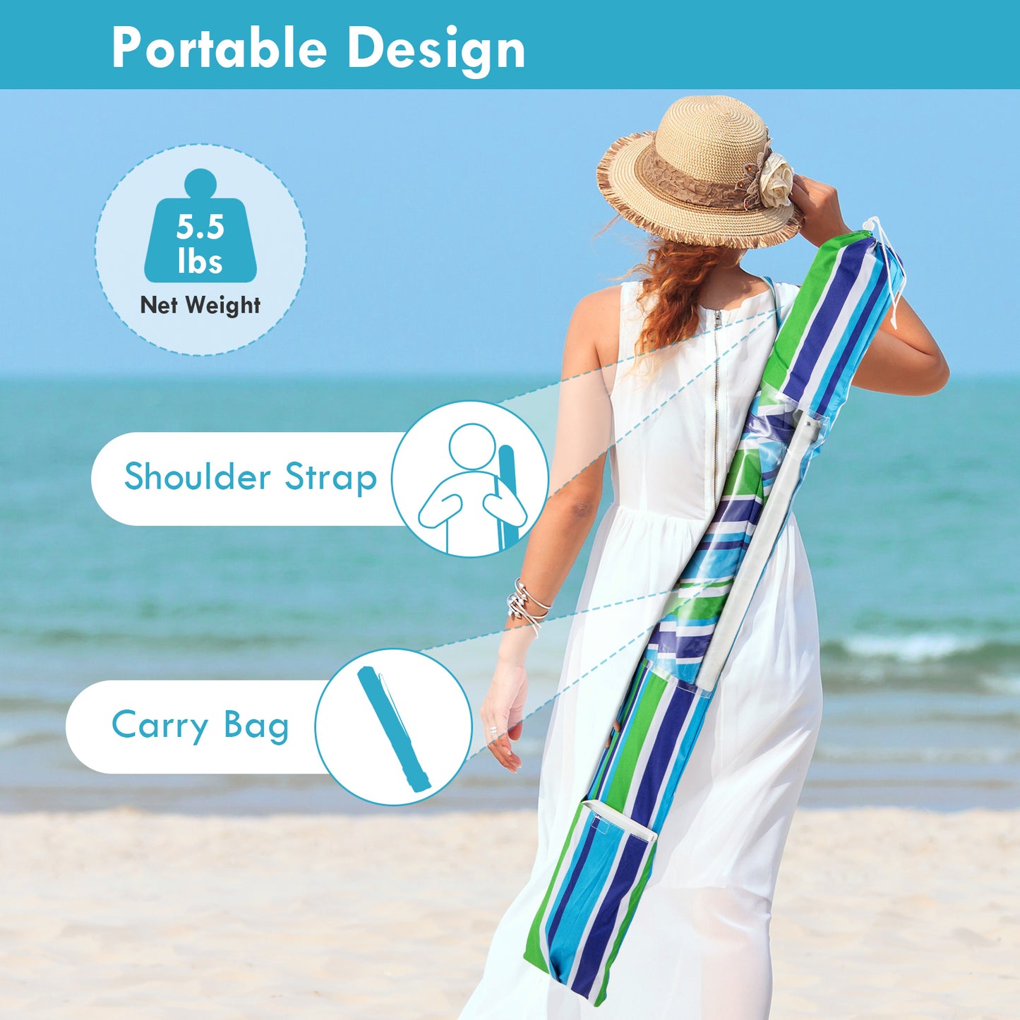 7.2 FT Portable Outdoor Beach Umbrella with Sand Anchor and Tilt Mechanism