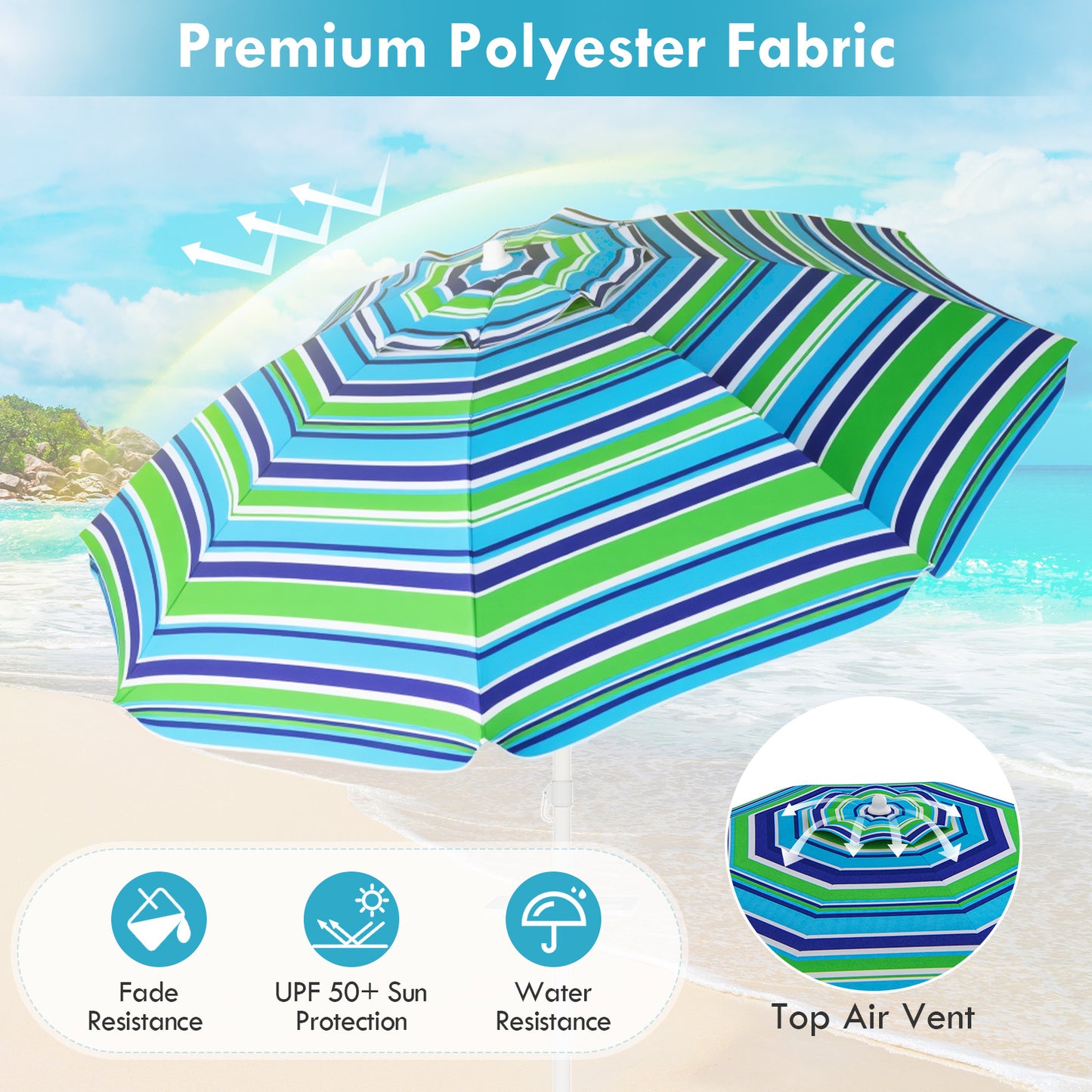 7.2 FT Portable Outdoor Beach Umbrella with Sand Anchor and Tilt Mechanism