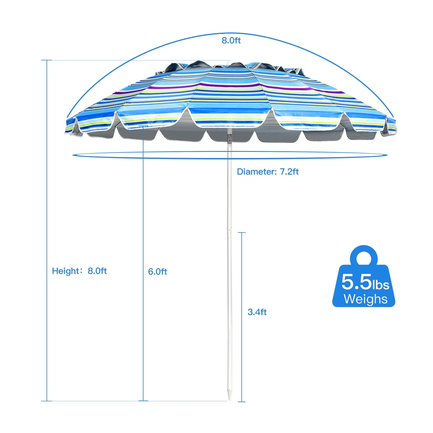 8FT Portable Beach Umbrella with Sand Anchor and Tilt Mechanism for Garden and Patio