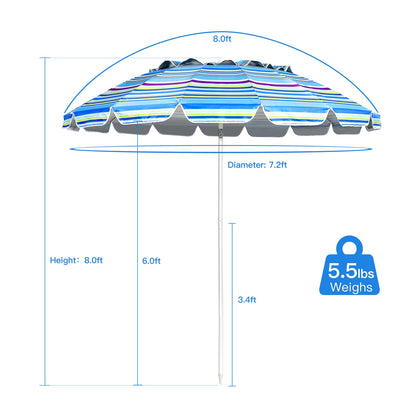 8FT Portable Beach Umbrella with Sand Anchor and Tilt Mechanism for Garden and Patio