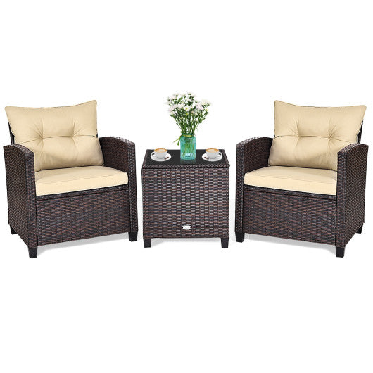 3 Pcs Patio Rattan Furniture Set Cushioned Conversation Set Coffee Table - Beige