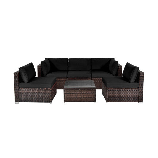 6 Pieces Patio Rattan Furniture Set with Cushions and Glass Coffee Table - Black