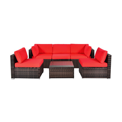 6 Pieces Patio Rattan Furniture Set with Cushions and Glass Coffee Table