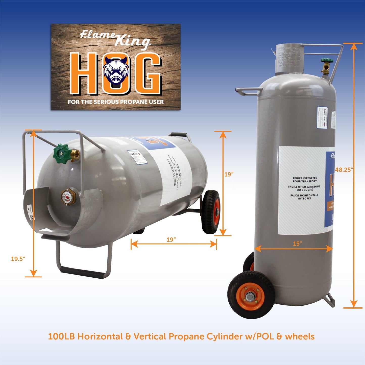 Flame King 100lb Empty Horizontal & Vertical Propane Cylinder with POL & Wheels