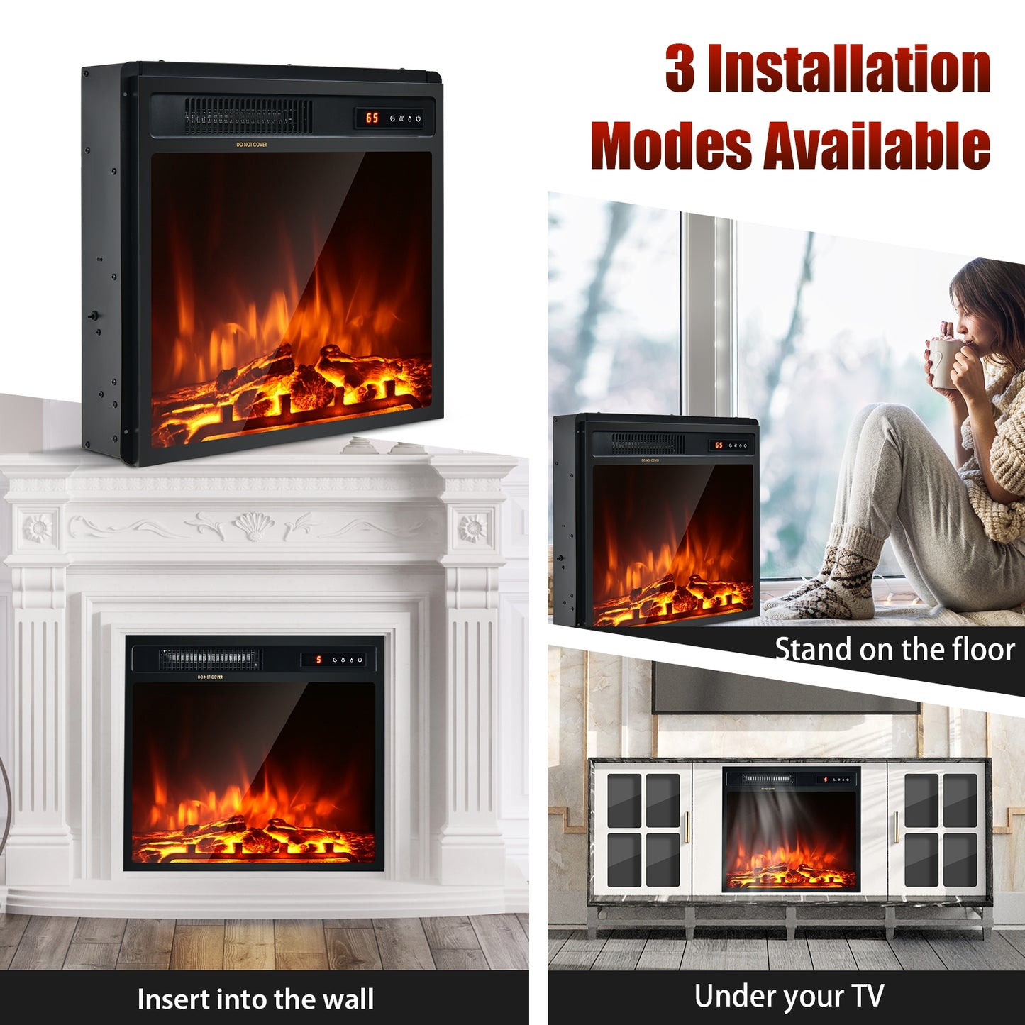 18" 1500W Electric Fireplace Freestanding and Recessed Heater