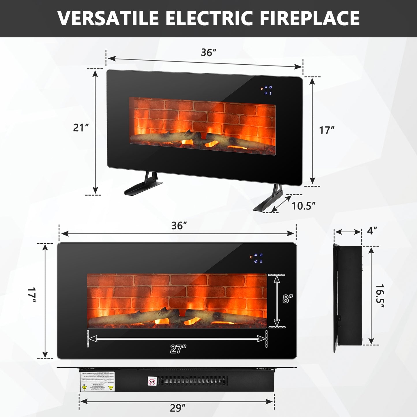36 Inch Electric Wall Mounted Freestanding Fireplace with Remote Control