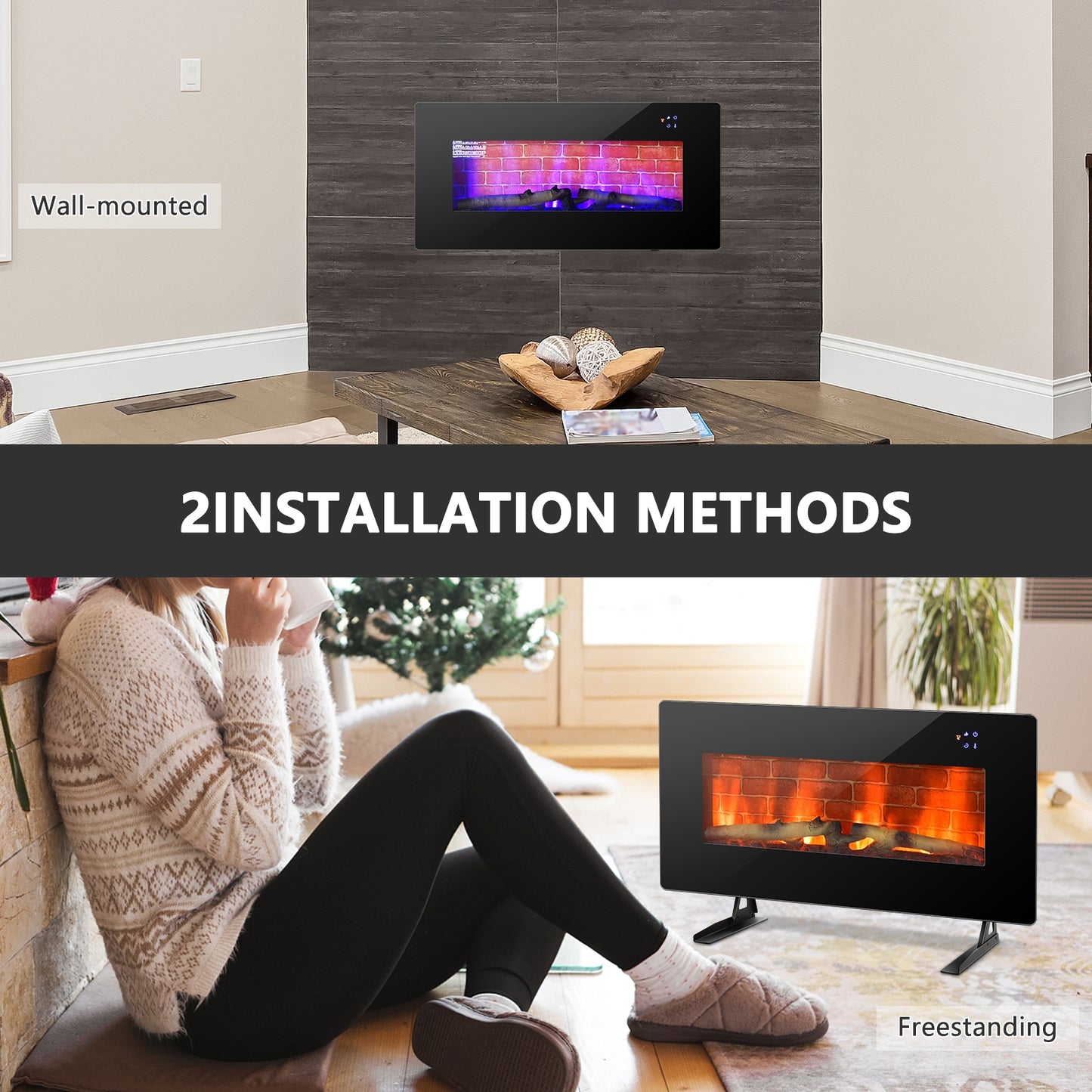 36 Inch Electric Wall Mounted Freestanding Fireplace with Remote Control