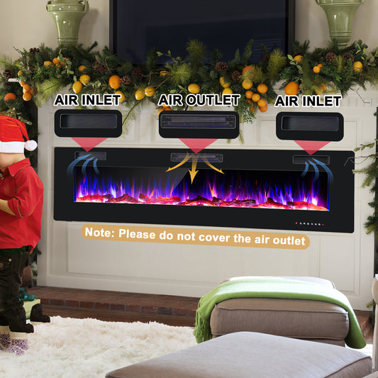 68 Inch Ultra-Thin Electric Fireplace Recessed / Wall Mounted with Crystal Log Decoration