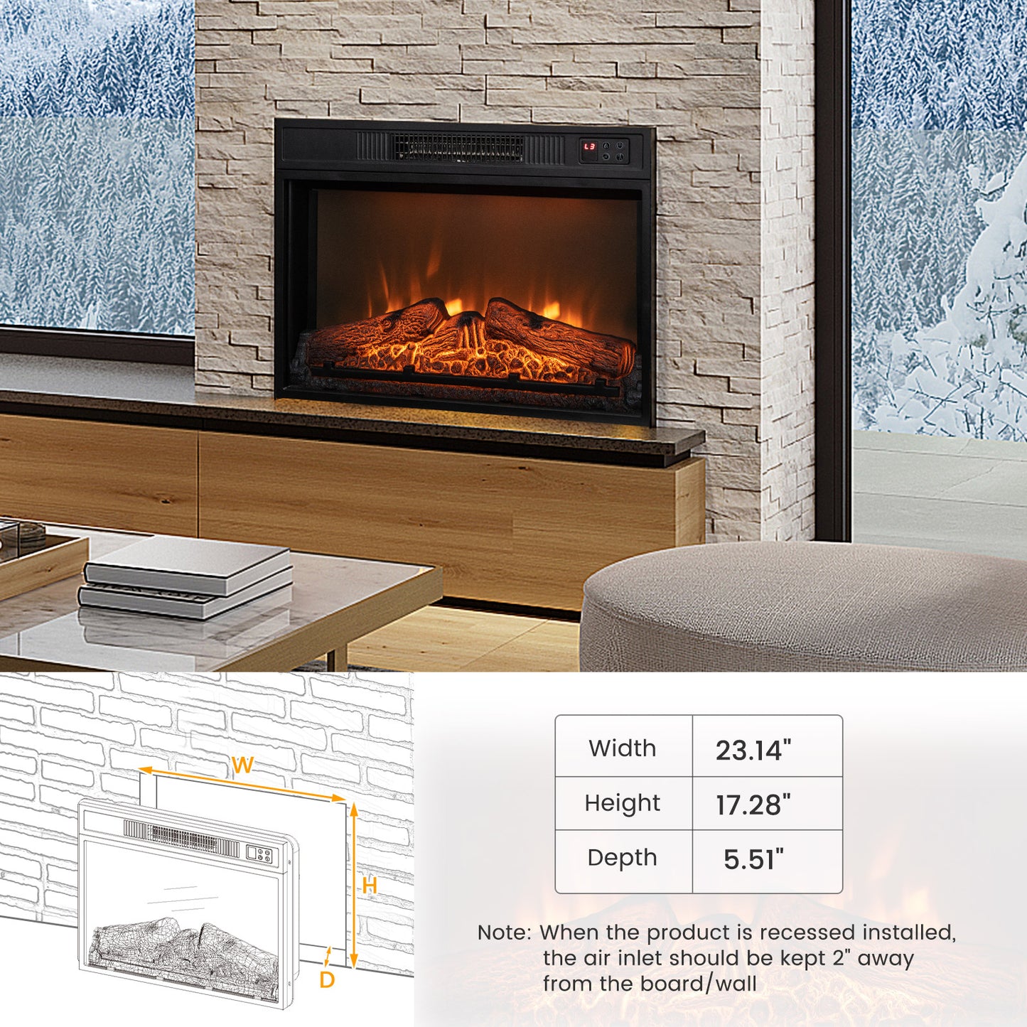 18" / 23" Electric Fireplace Inserted with Adjustable LED Flame