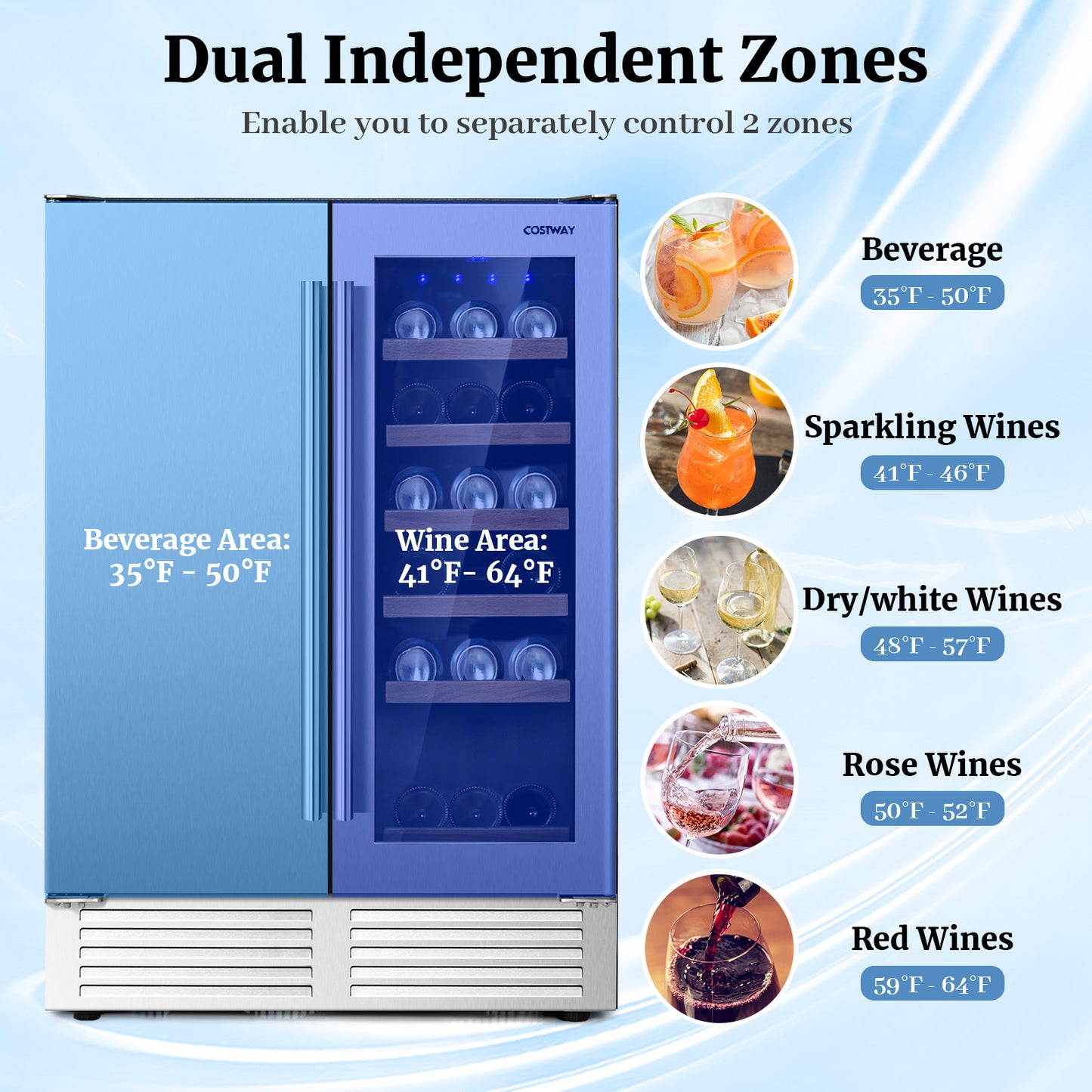 2-in-1 Beverage and Wine Cooler with Independent Temperature Control and LED Lights