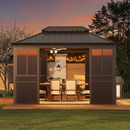 Alora Terrace Fully-Enclosed Outdoor Black Sunroom with Lockable Sliding Doors and Galvanized Double Steel Roof