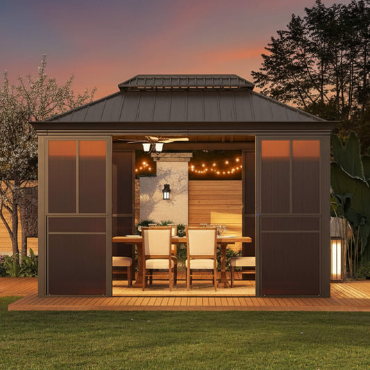 Alora Terrace Fully-Enclosed Outdoor Black Sunroom with Lockable Sliding Doors and Galvanized Double Steel Roof