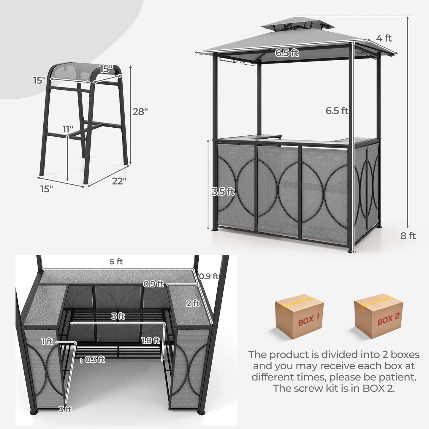 3-Piece Patio Bar Set Grill Gazebo & 2 Bar Stools with Tempered Glass Bar Table - Gray