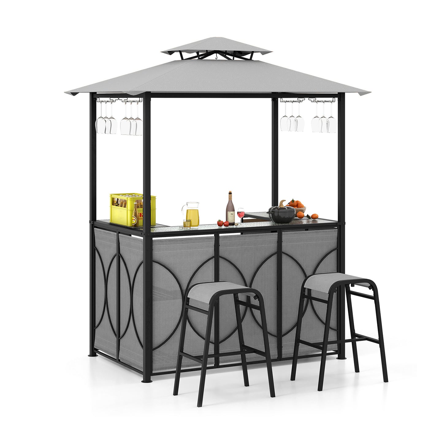 3-Piece Patio Bar Set Grill Gazebo & 2 Bar Stools with Tempered Glass Bar Table - Gray