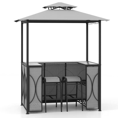 3-Piece Patio Bar Set Grill Gazebo & 2 Bar Stools with Tempered Glass Bar Table - Gray