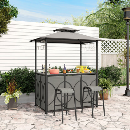 3-Piece Patio Bar Set Grill Gazebo & 2 Bar Stools with Tempered Glass Bar Table - Gray