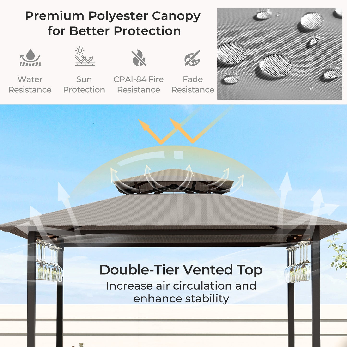 3-Piece Patio Bar Set Grill Gazebo & 2 Bar Stools with Tempered Glass Bar Table - Gray