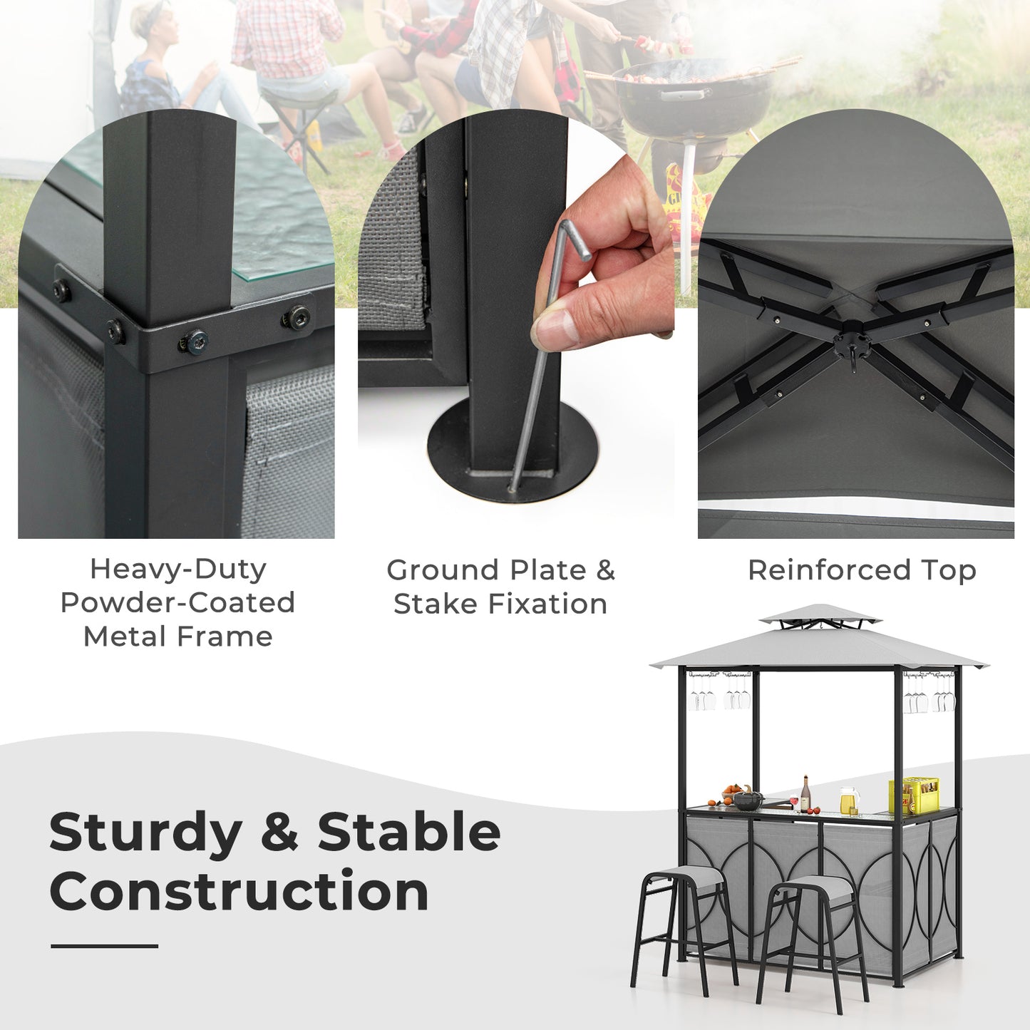 3-Piece Patio Bar Set Grill Gazebo & 2 Bar Stools with Tempered Glass Bar Table - Gray