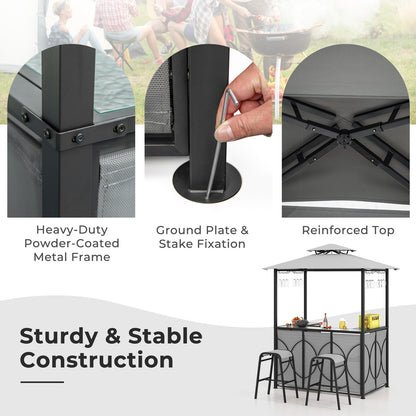 3-Piece Patio Bar Set Grill Gazebo & 2 Bar Stools with Tempered Glass Bar Table - Gray