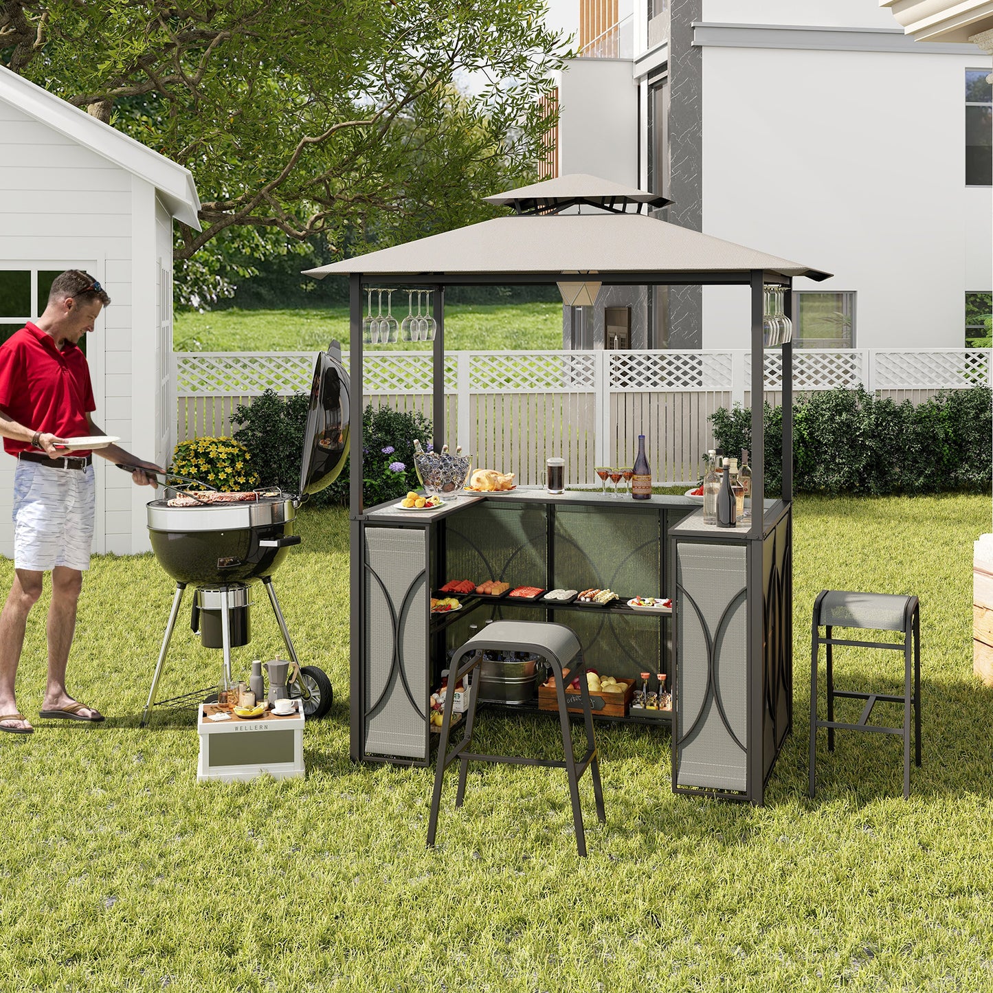 3-Piece Patio Bar Set Grill Gazebo & 2 Bar Stools with Tempered Glass Bar Table - Gray