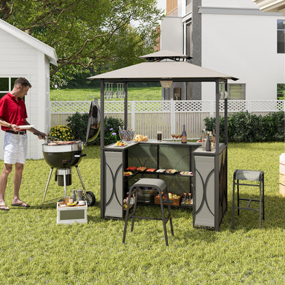 3-Piece Patio Bar Set Grill Gazebo & 2 Bar Stools with Tempered Glass Bar Table - Gray