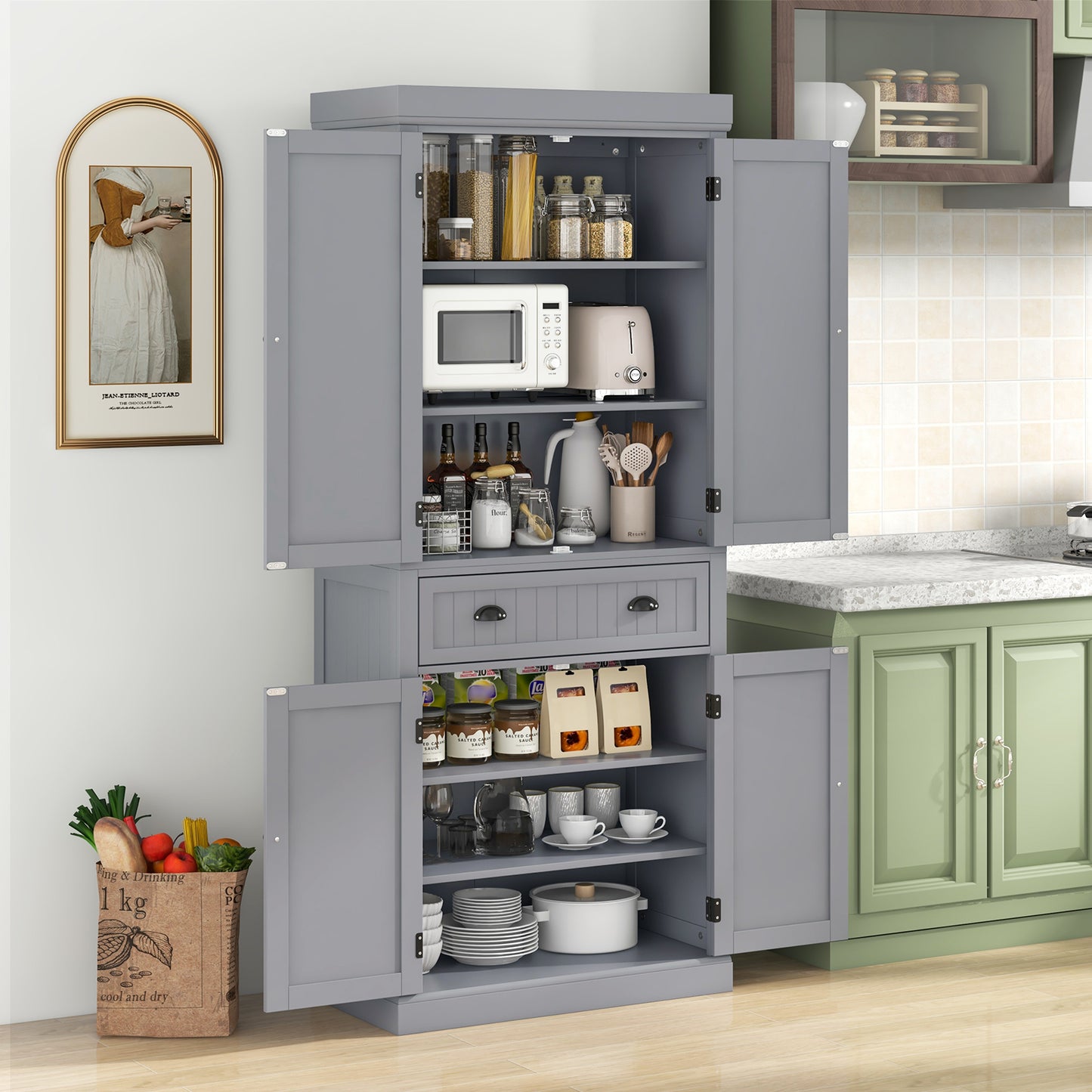 Cupboard Freestanding Kitchen Cabinet with Adjustable Shelves - Gray