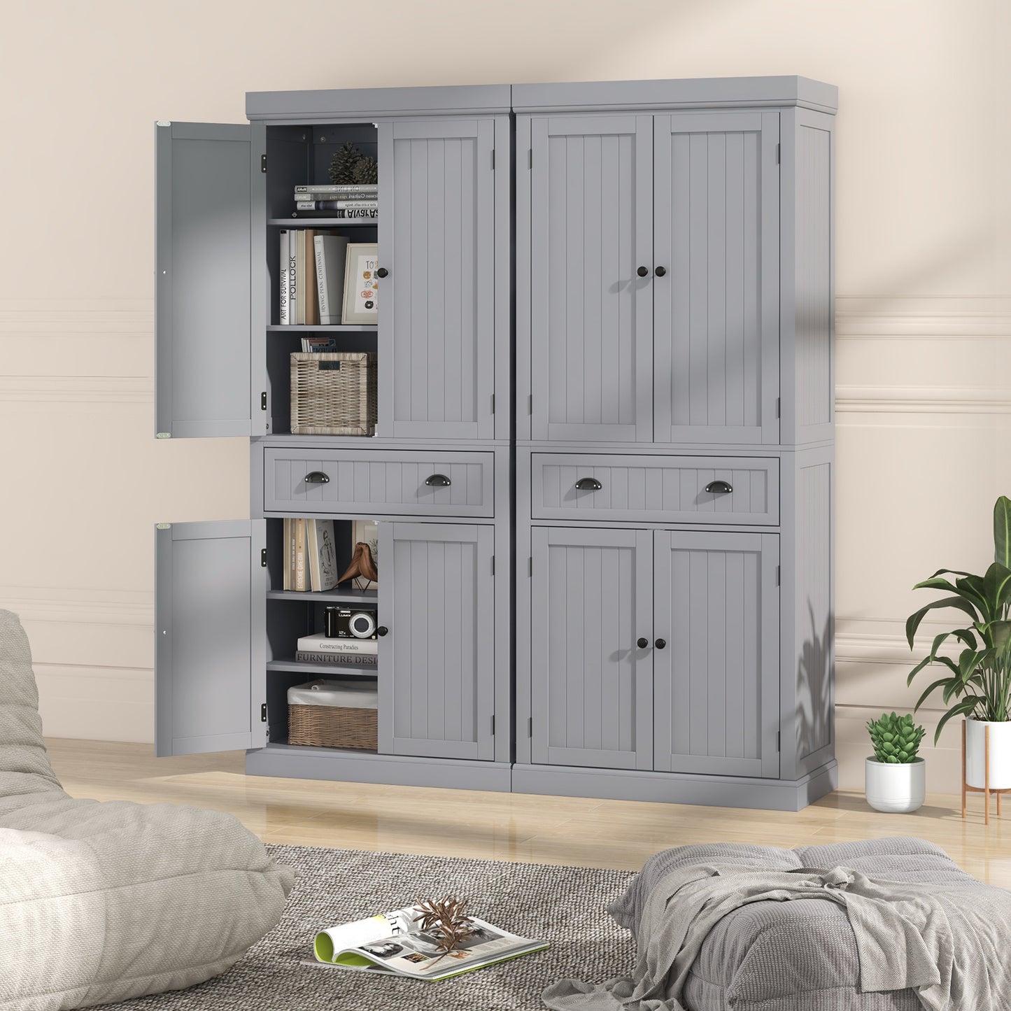 Cupboard Freestanding Kitchen Cabinet with Adjustable Shelves - Gray