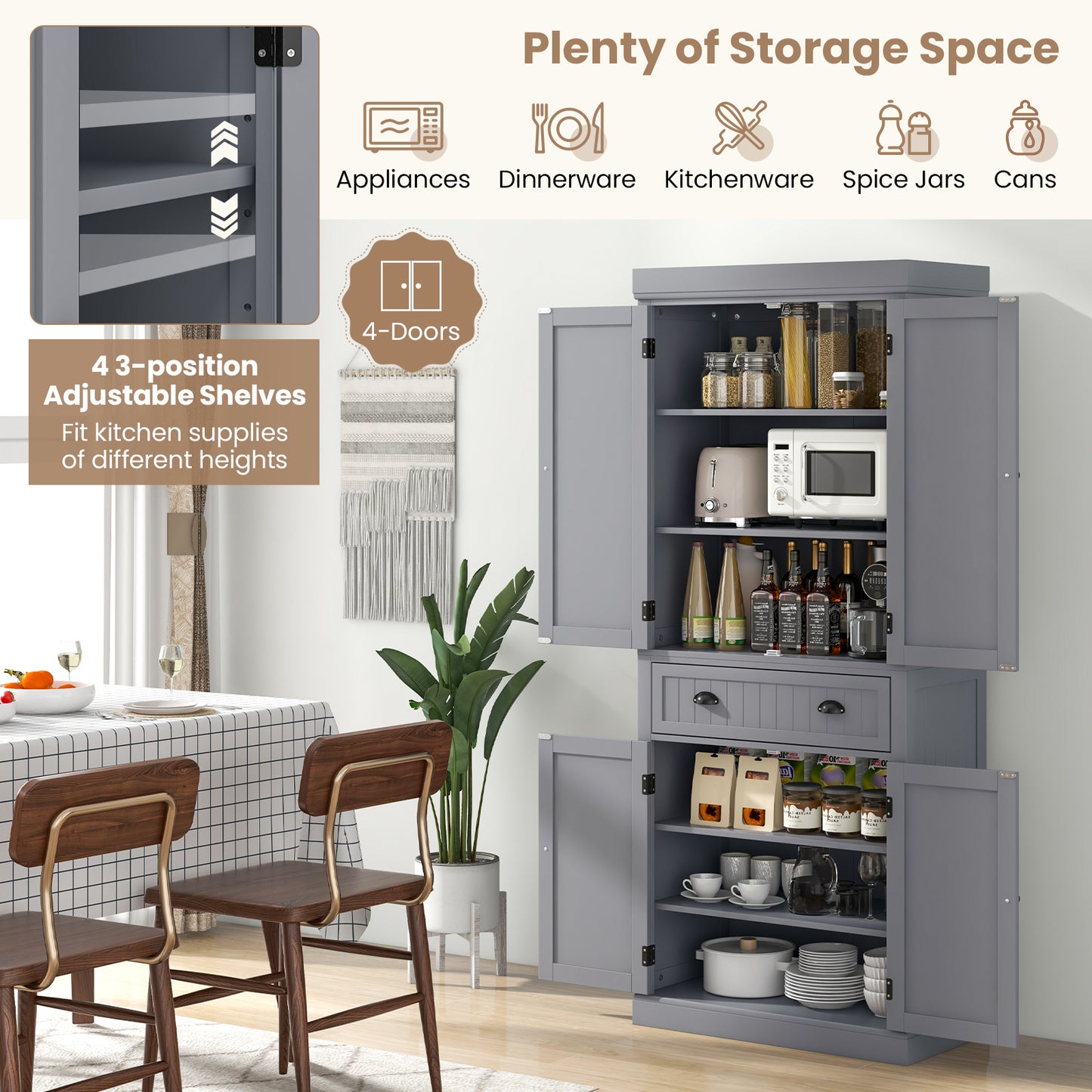 Cupboard Freestanding Kitchen Cabinet with Adjustable Shelves - Gray