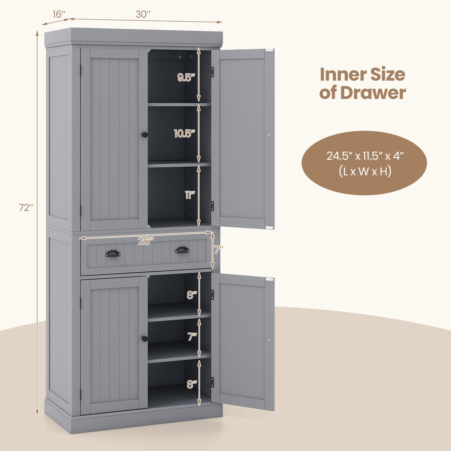 Cupboard Freestanding Kitchen Cabinet with Adjustable Shelves - Gray