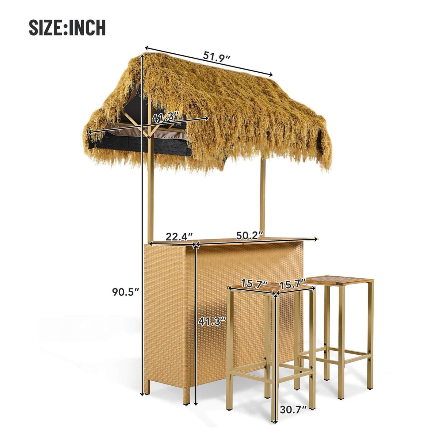 Alora 3-Piece Hawaiian Bar-Height Patio Set with Grass Canopy and Stools